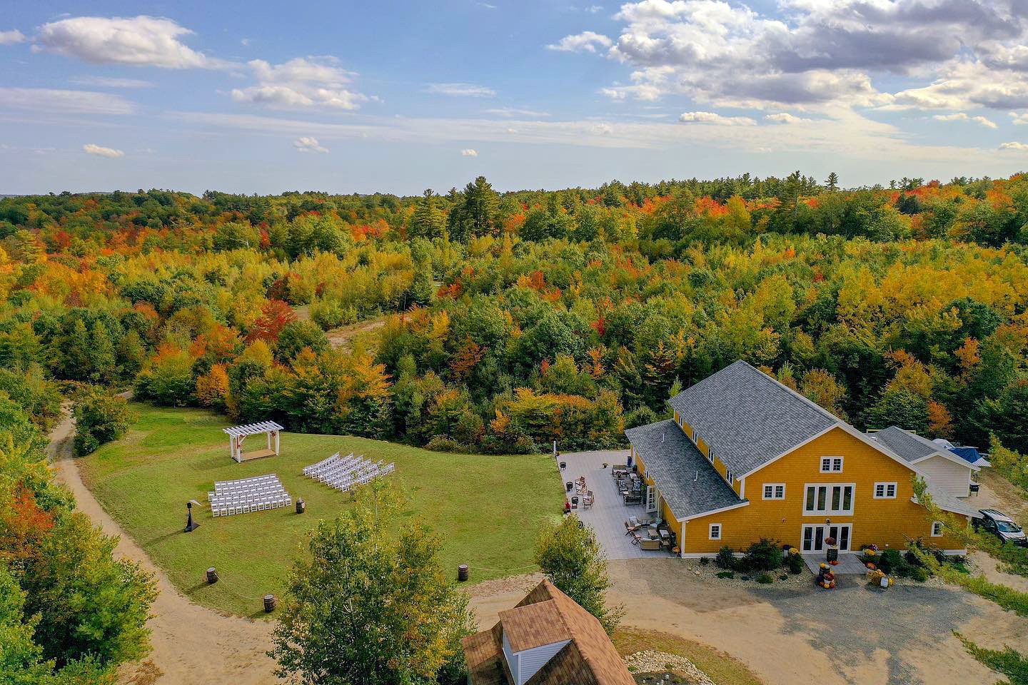 aerial drone of barn property before a wedding